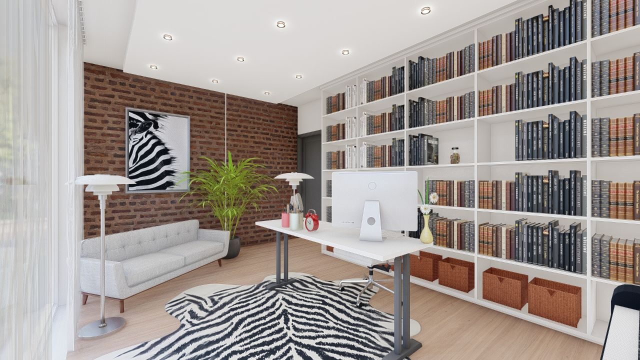 Modern home office interior with library shelving