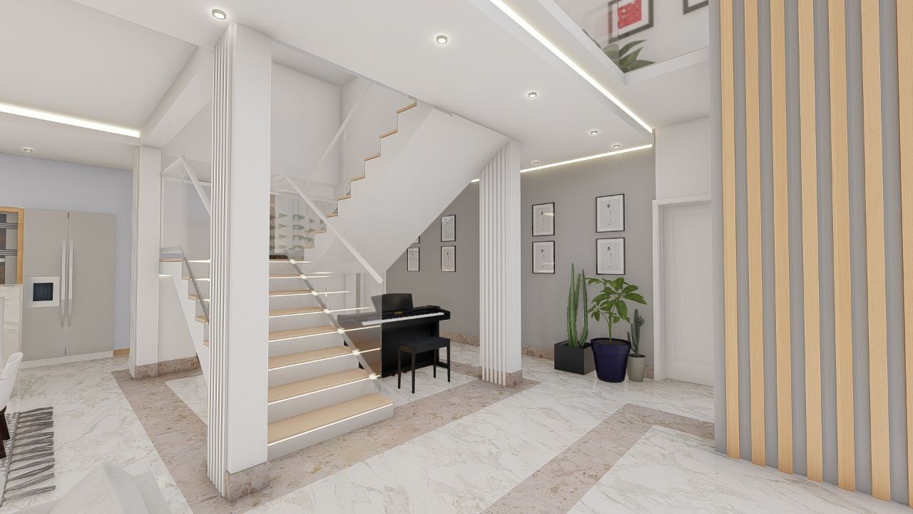 Bright stair hall interior with marble floor and feature wall