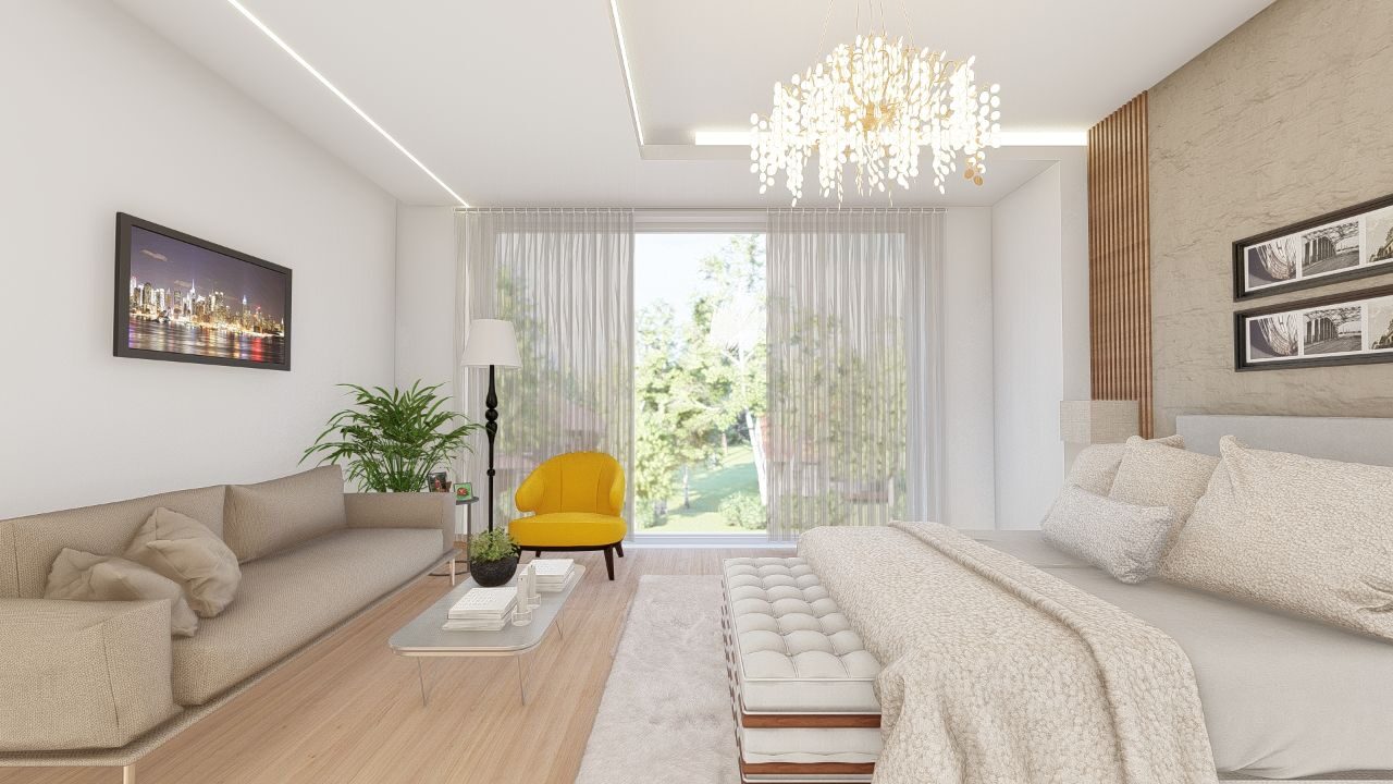 Modern bedroom lounge interior with chandelier and seating